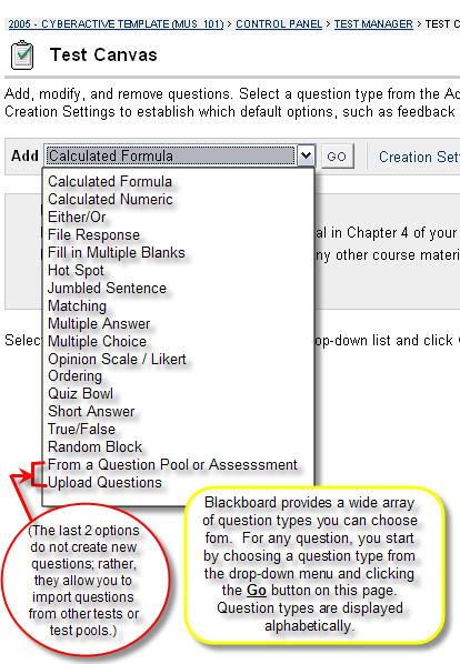 Adding New Questions to an Exam: Blackboard gives you many different options for the type of question you would like to include in your test.