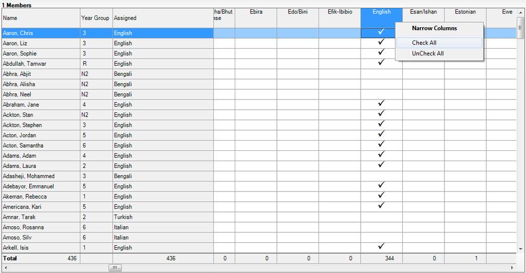 04 Preparing Pupil Level Information 1. Right-click the English data entry column header (hover over the heading to see the full title, if required) then select Check All from the pop-up menu.