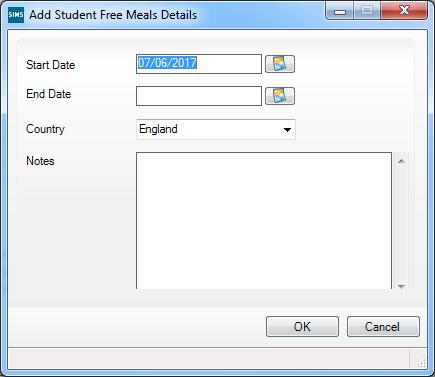 If you need to edit the data, highlight the required record then click the Open button. If a new record is required, click the adjacent New button to display the Add Student Free Meals Details dialog.