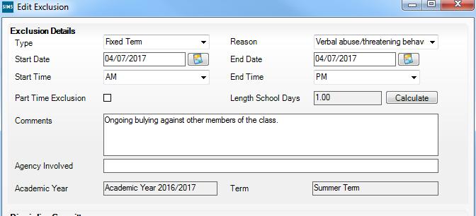 Enter the exclusion Start Date and End Date or click the appropriate Calendar button then select the required date. 6.