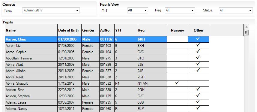 Only Year N2 pupils are displayed in the Pupils panel. c. Right-click the Nursery column header then select Check All. d. Repeat steps b and c for any additional Nursery classes. e.