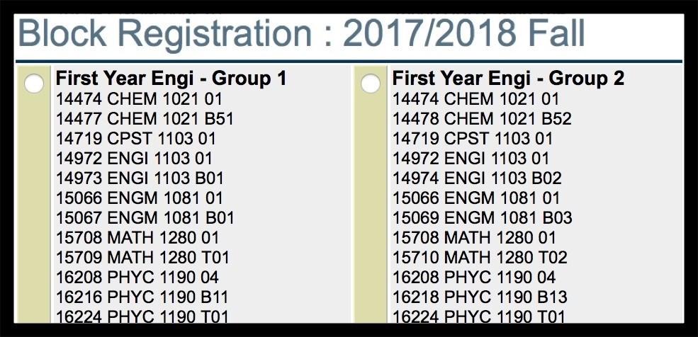 ENGINEERING REGISTRATION (continued) Step 4: Register for Your Fall Block i. Scroll down until you see the set of blocks labeled: FIRST YEAR ENGI - GROUP #, where ## = 01, 02, etc. ii.