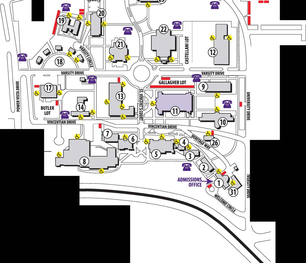 parking pass at Campus Safety- Bldg. 27 1. Gacioch Family Alumni and Admissions Center Admissions/Alumni Engagement/ nstitutional Advancement 2. Lynch Hall 3. O'Donoughue Hall 4. St.