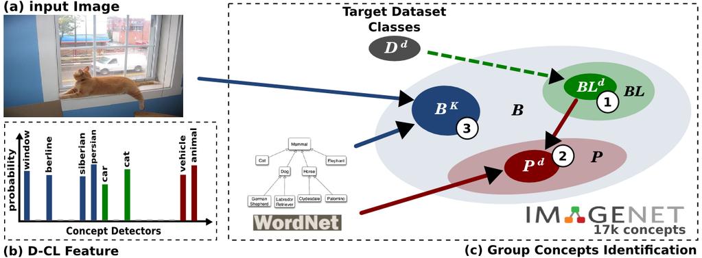 Figure 4: Illustration of the concept groups identification (c) in a practical case, for an input image (a) contained in a dataset collection.