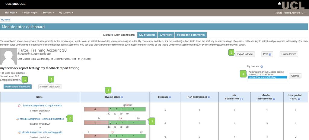 MyFeedback report Module Tutor dashboard 1 Assessment breakdown shows data per assessment on the course. 2 Student breakdown shows data per student on the course.
