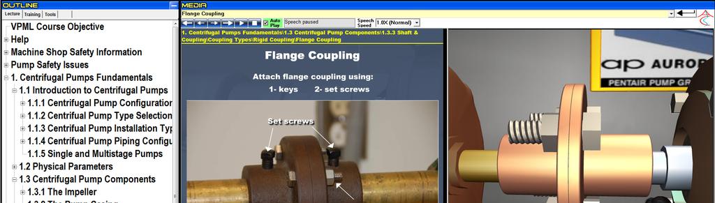 Figure 3. Snapshot of the course window for a centrifugal pump maintenance course.