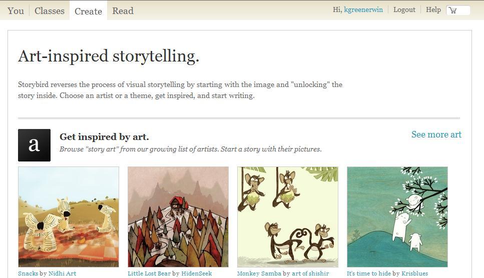 Your teacher account will look similar to the image below. Creating a Story 1. Click Create to begin the Storybird process. 2.