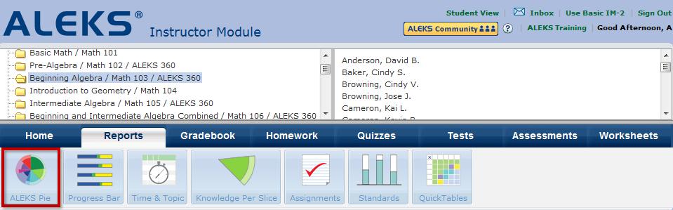 Advanced Instructor Module To view the report, instructors must first select the course they would like to view, select the Reports tab, and then click on the ALEKS Pie icon.