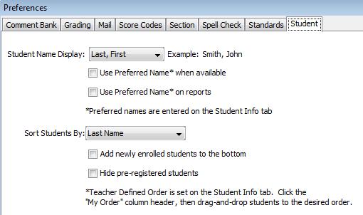 The Enable Standards based grading with assignments in PowerTeacher checkbox should be unchecked. Student Tab Teachers have more control over the display of the roster of students in the Gradebook.