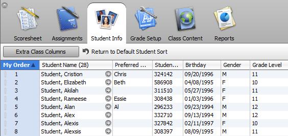 Customizing the Student Grid View Students are listed in the Gradebook by Last Name, First Name by default.