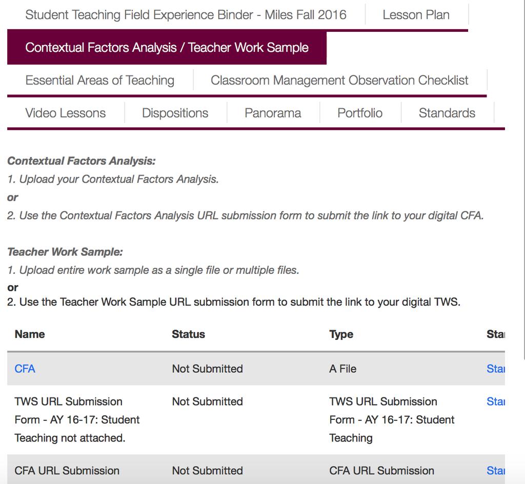 For example, if you want to view CFAs, click on the Contextual Factors Analysis/Teacher Work Sample Tab. 2) When you select a specific tab, the binder page for that tab will load.