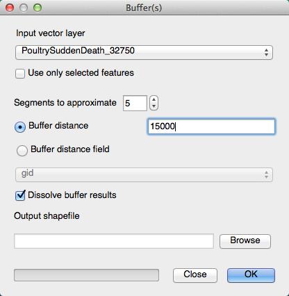 Choose PoultrySuddenDeath_32750 as the input vector layer, and use a buffer distance of 15000 (remember your layer units are metres).