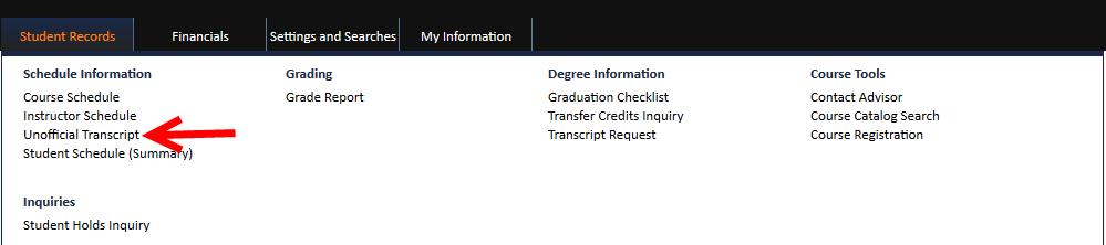 7. View and print your unofficial transcript Set your term for the appropriate semester (#4) if you