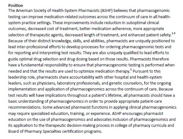 ASHP Statement on the Pharmacist s Role in Clinical Pharmacogenomics