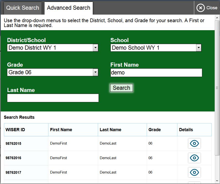 Overview of the Test Administration Sites Figure 7. Student Lookup: Advanced Search 3. To view a student s information, click in the Details column.
