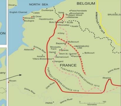 the armies to its west, i.e. France, the UK Trench - a long, narrow hole that is dug in the ground Offensive - and attacking military campaign Artillery - large-calibre guns used in warfare on land.
