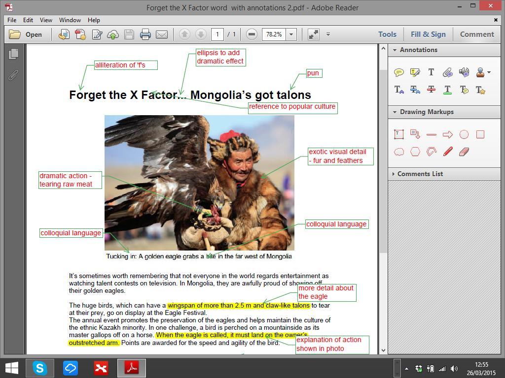 Identifying Language Features Students can identify language features by physically annotating the text; however, they can also save documents as PDFs and annotate on screen.