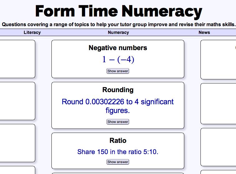 Together with www.formtimeideas.com, which is a tutor group site with a page for literacy and numeracy, you have plenty of practice opportunities Another recommendation is www.mathsbox.org.uk.