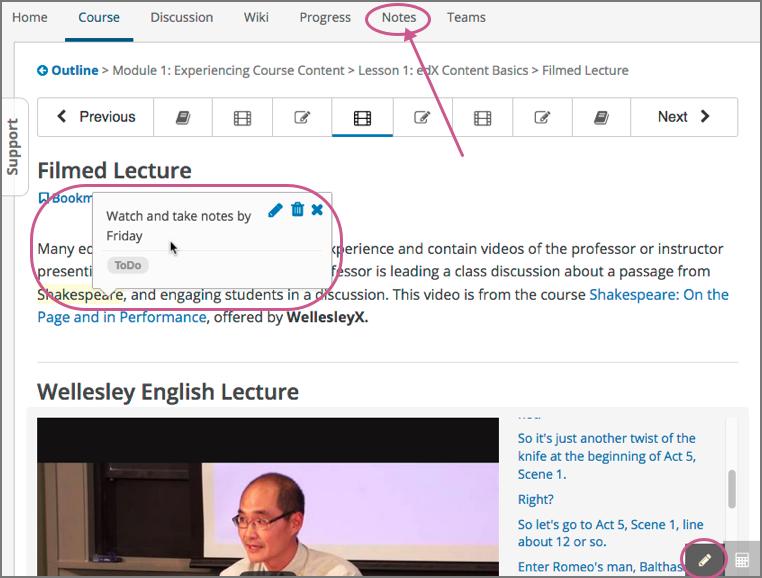 Your notes can contain text as well as tags that help you organize and find your notes. You can see individual notes inside the course content, or you can see a list of your notes on the Notes page.