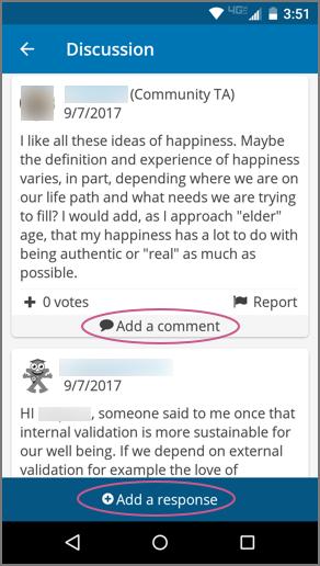 When you view individual posts, you can add a comment or a response, or upvote a post. Posts by community TAs or course staff have a role indicator next to their username.