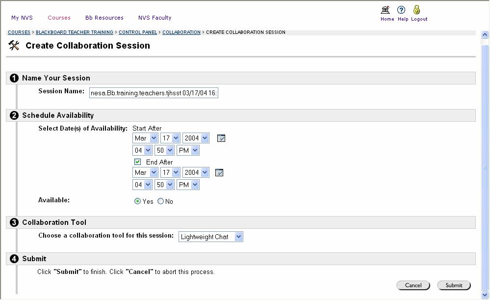 If you would like to create a special session, click the Create Collaboration Session button.