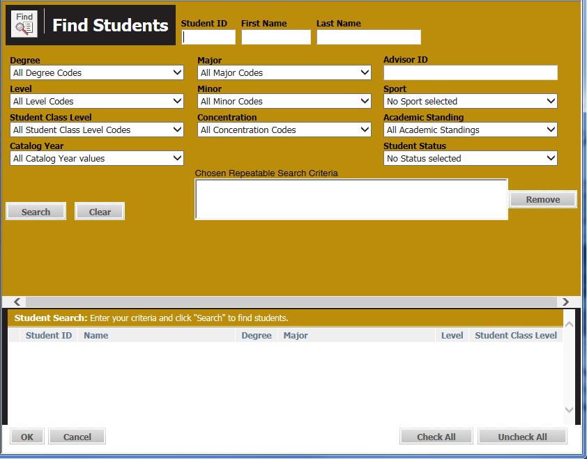 Selecting Students Known Student ID If you know the student Banner ID, type the Banner ID in the Student ID field.