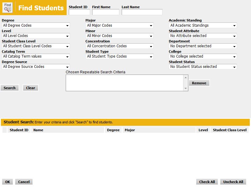Selecting Students Known Student ID If you know the student ID, type it into the Student ID field.