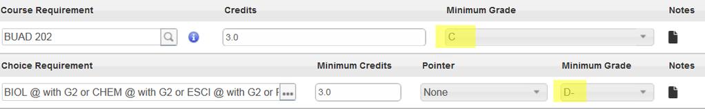 For Choice requirements, you will need to add a minimum number of credits if necessary: Minimum Grade You can choose to add a minimum grade for a requirement if your program requires a minimum.