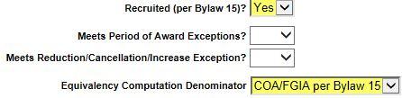 If a student-athlete meets the definition of a recruited student-athlete in Bylaw 15, choose "Yes" in the drop-down box related to the "Recruited (per Bylaw 15)?" field.