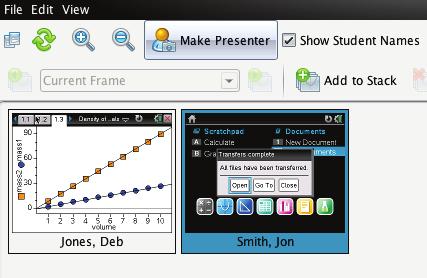 1-33 The TI-Nspire CX Navigator Science Classroom 6. Teacher: Click on the Screen Capture of the student who is not on the appropriate screen, and click the Make Presenter button.