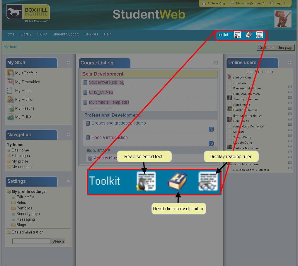 Toolkit Simple toolkit that is located on every page in StudentWeb.
