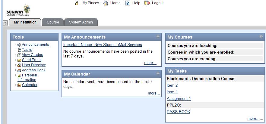 What Will I See When I Log In? By default, when each user logs onto Blackboard, they will be brought to the My Institution tab.