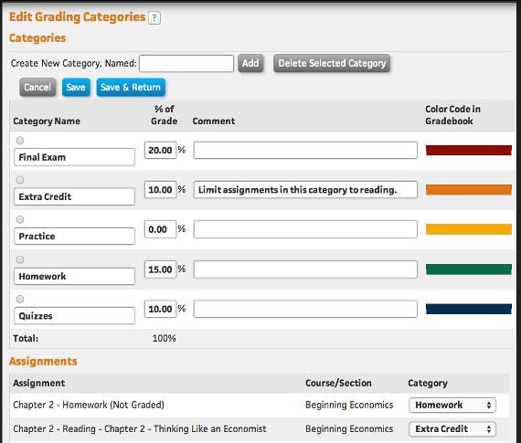 Managing Grades The Edit Grading Categories Page Once you have created one or more grading categories, you can assign individual assignments to them by using the drop down menus on the Edit Grading