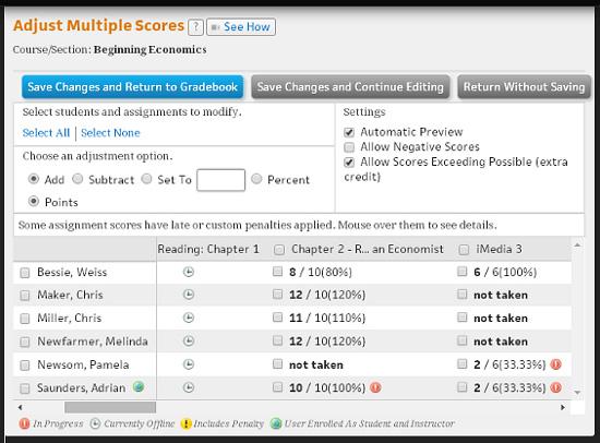 Managing Grades Adjusting Multiple Assignment Scores In addition to editing assignment scores one at a time from the Edit Grade Details page, you can edit students scores for multiple assignments in