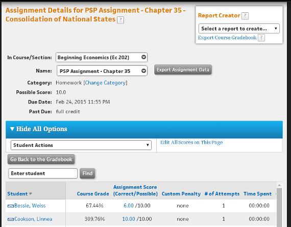 Managing Grades EDITING ASSIGNMENT DETAILS The Assignment Details page displays all student scores and details for a single assignment for you to review and edit.