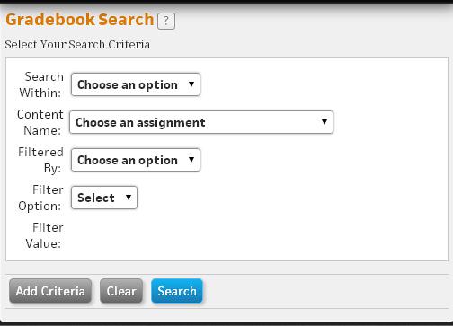 Managing Grades QUERYING STUDENT DATA Select the Query Student Data option in the Perform student and assignment actions drop down menu to open the Gradebook Search page.