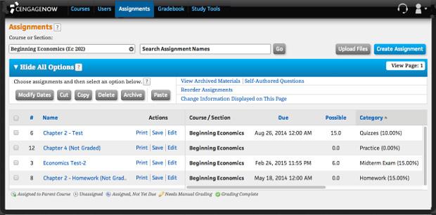 CREATING AND MANAGING ASSIGNMENTS You can easily create a variety of assignments in CengageNOW, including Homework, Tests, Reading, Self Assessments, Media Quizzes, and Study Tools assignments (also
