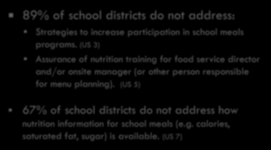 Section 2: Standards for USDA Child Nutrition Programs and School Meals (US) Weakness ( 0 / Not Mentioned) This section relates to U.S. Department of Agriculture (USDA) school meals and not regulation of competitive foods.