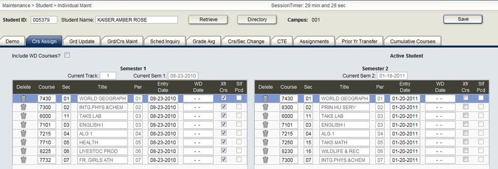 the grade course assign screen in order to record the 1 st semester grades.