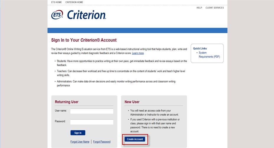 Criterion User Manual 1.0 INTRODUCTION Welcome to the Criterion Online Writing Evaluation Service. This manual contains a step-by-step overview of all essential functions provided by Criterion.