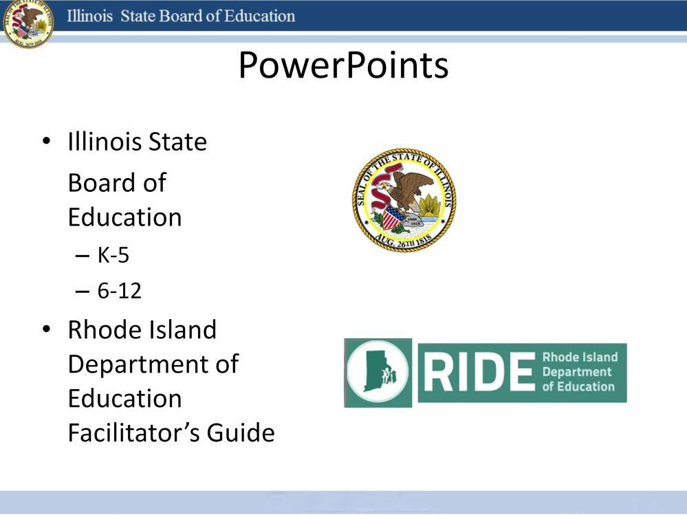 We next arrive at the PowerPoint section of the kit. First listed is the Illinois State Board of Education PowerPoint.
