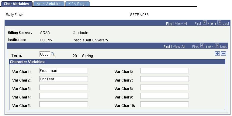 Defining Character Variables Access the Char Variables page (Student Financials, Tuition and Fees, Equation Variables, Char Variables).