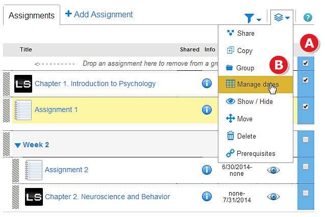 Section 5: Assignments Extensions and Adjusting Point Values A. From your section home page, check the box next to the assignments for which you want to add extensions. B. Click Manage dates. A. Click the extensions tab.