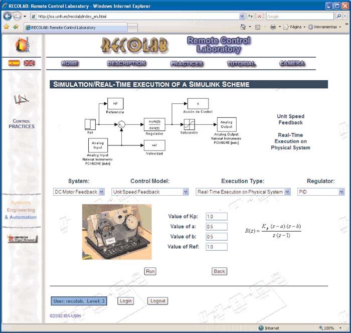 REMOTE LAB USING MATLAB/SIMULINK 699 Figure 5 User interface of RECOLAB. [Color figure can be viewed in the online issue, which is available at wileyonlinelibrary.com.