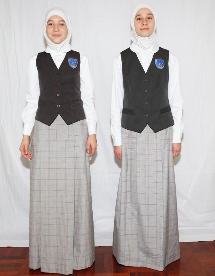 Secondary Girls Summer Uniform Check full length skirt White long sleeve shirt School vest Full length white