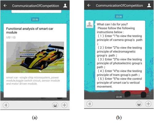 Fig. 4. Images of WeChat platform. (a) Text information on installation of smart cars, and (b) Auto-response function which account for 20% of the total.