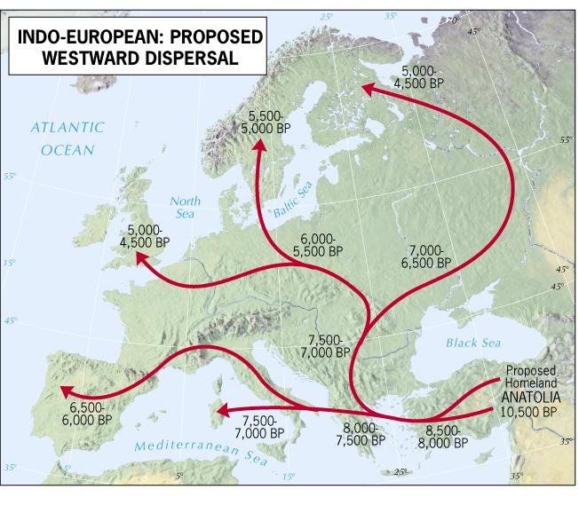 Diffusion of the Proto-Indo-European Language theory: the hearth was modern-day Ukraine (>5,000 yrs. ago); people used horses, wheel, and trade, spread language westward toward Western Europe.