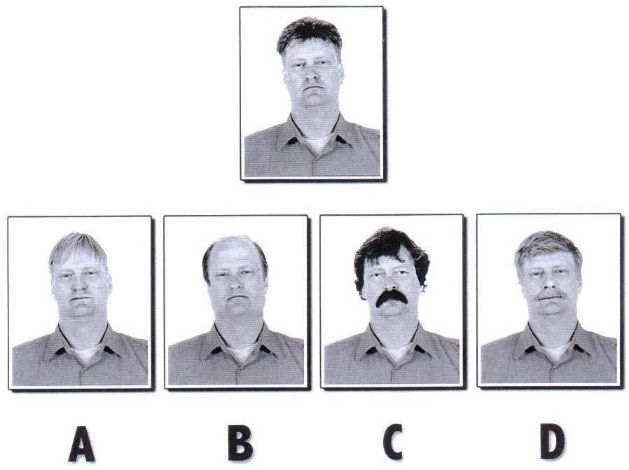 3) Which of the four pictures (A, B, C, or D) is the original person (top picture) in disguise?