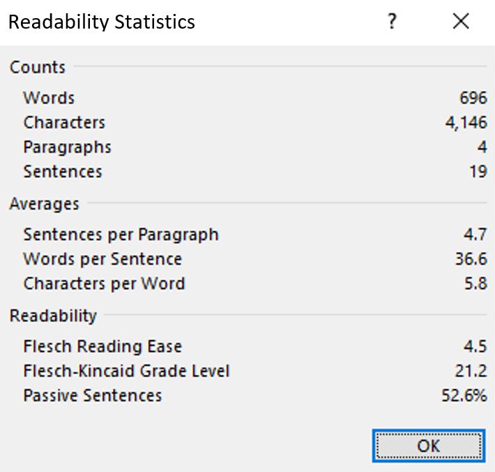 Readability stats in Microsoft Word Words per sentence Flesch