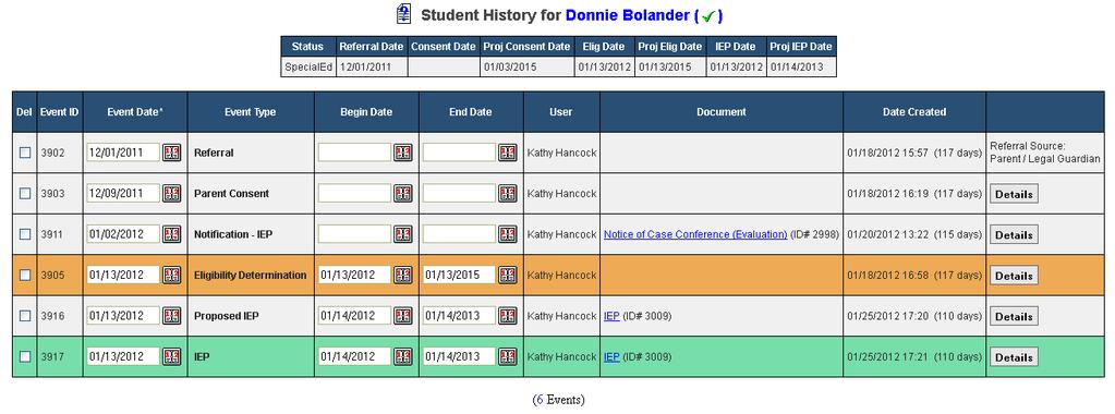 Student History Tab The Student History Page shows a detailed list of events that have been created for a student in chronological order by event date.